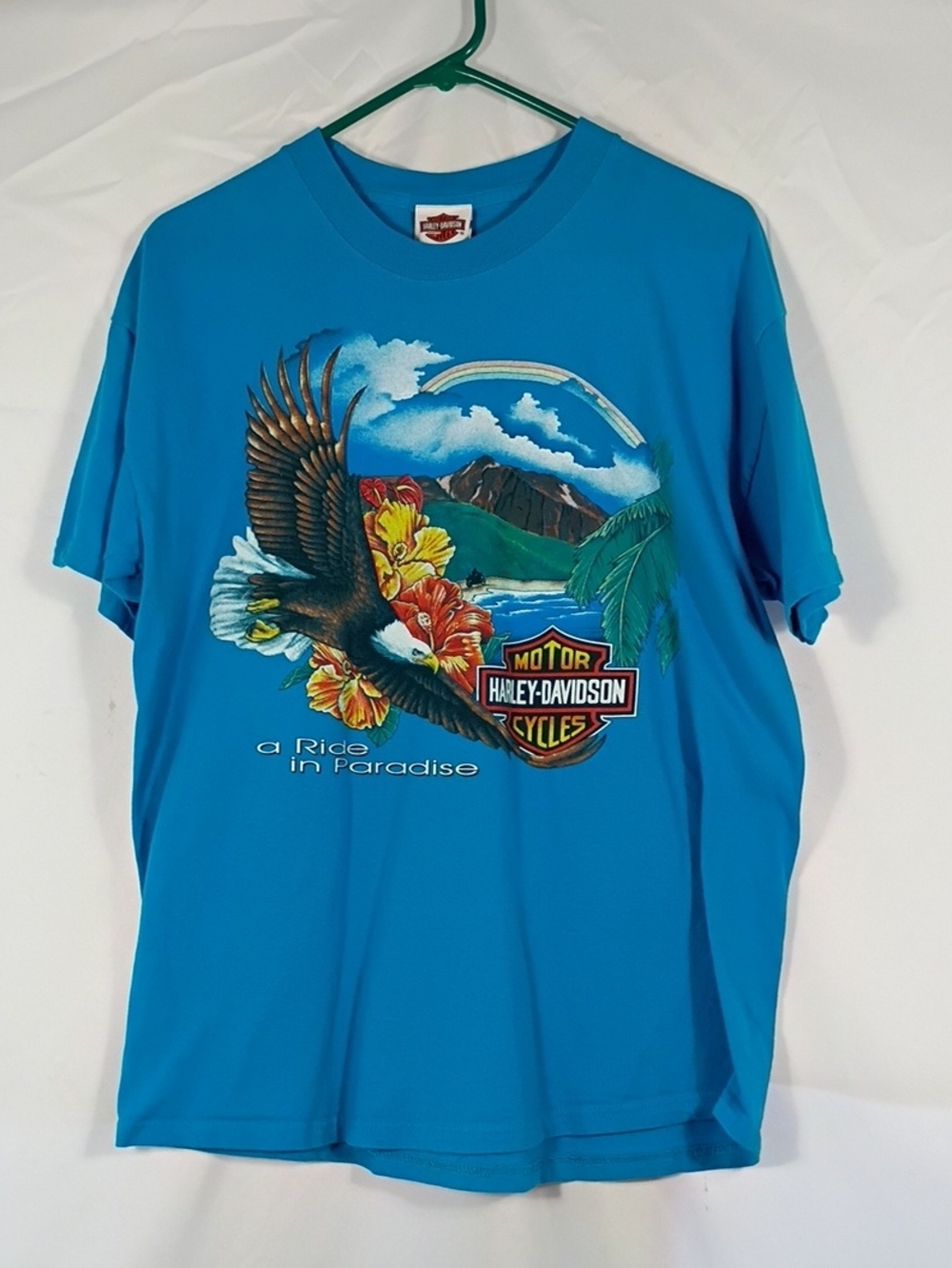EUC Harley-Davidson Vintage Teal Blue 'A Ride in Paradise' Honolulu Hawaii Sz Lg